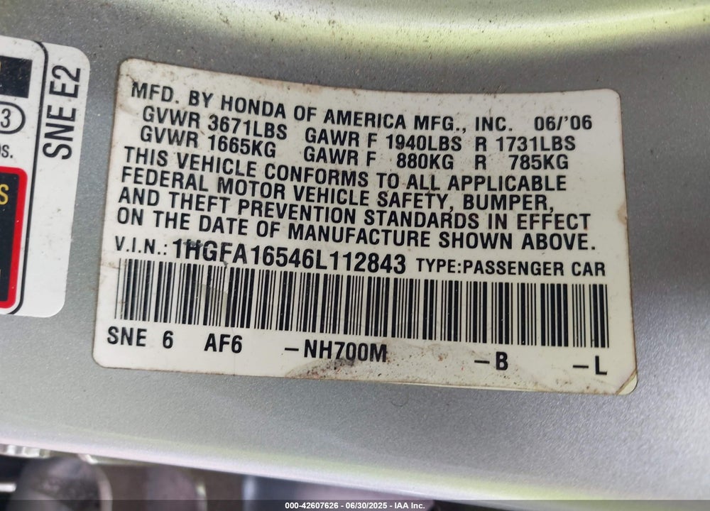 2006 HONDA CIVIC VIN: 1HGFA16546L112843