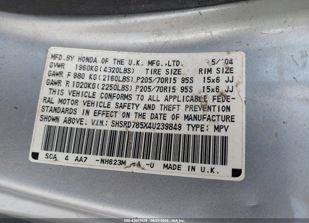 2004 HONDA CR-V LX VIN: SHSRD785X4U239849
