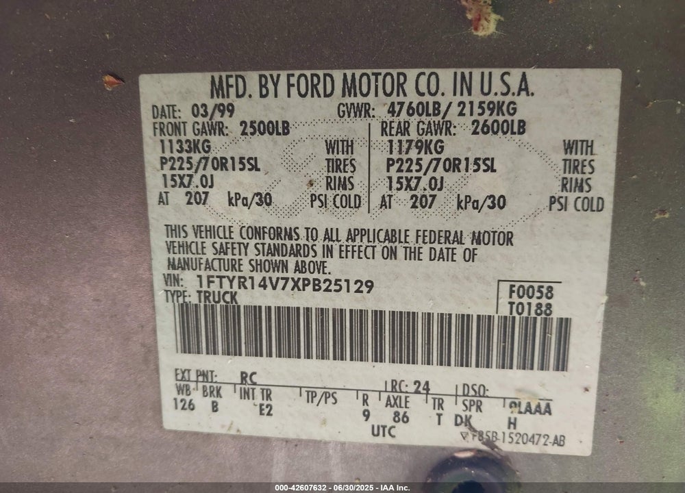 1999 FORD RANGER XL/XLT VIN: 1FTYR14V7XPB25129