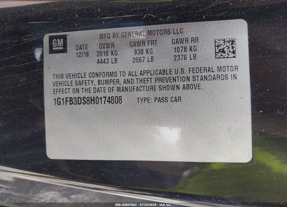 2017 CHEVROLET CAMARO VIN: 1G1FB3DS8H0174808