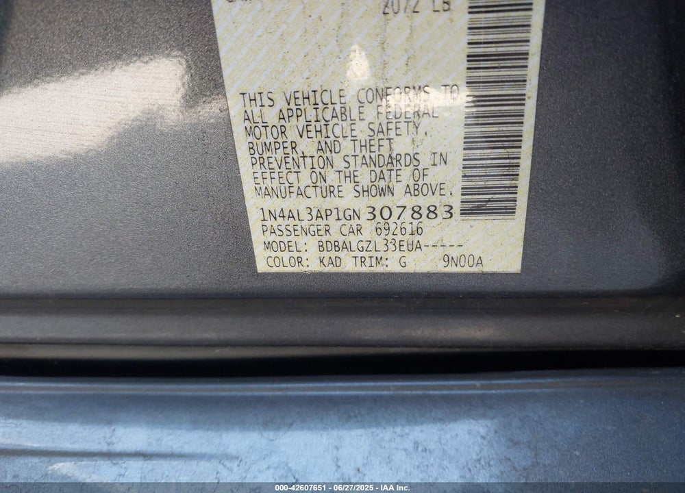 2016 NISSAN ALTIMA VIN: 1N4AL3AP1GN307883