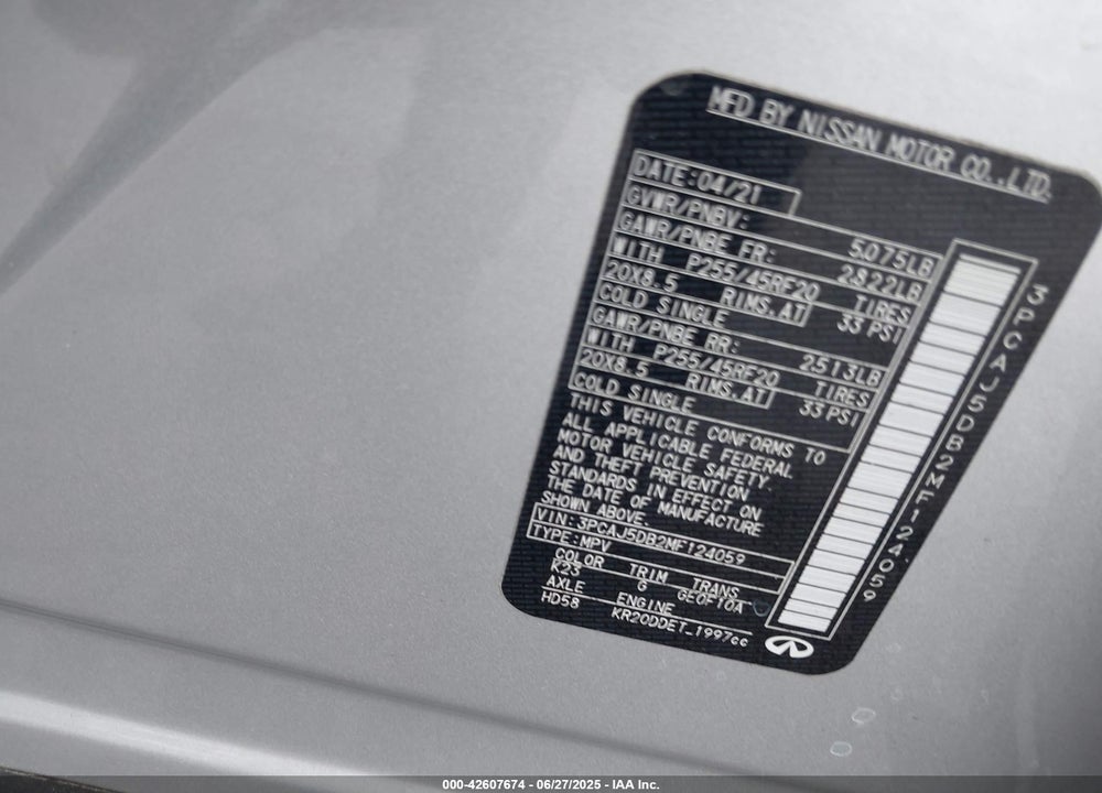 2021 INFINITI QX50 VIN: 3PCAJ5DB2MF124059