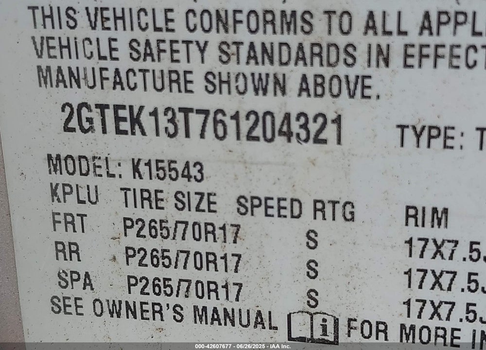 2006 GMC SIERRA 1500 VIN: 2GTEK13T761204321