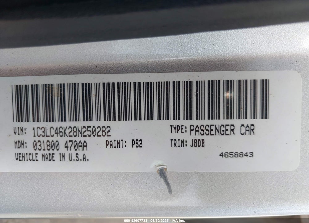 2008 CHRYSLER SEBRING LX VIN: 1C3LC46K28N250282