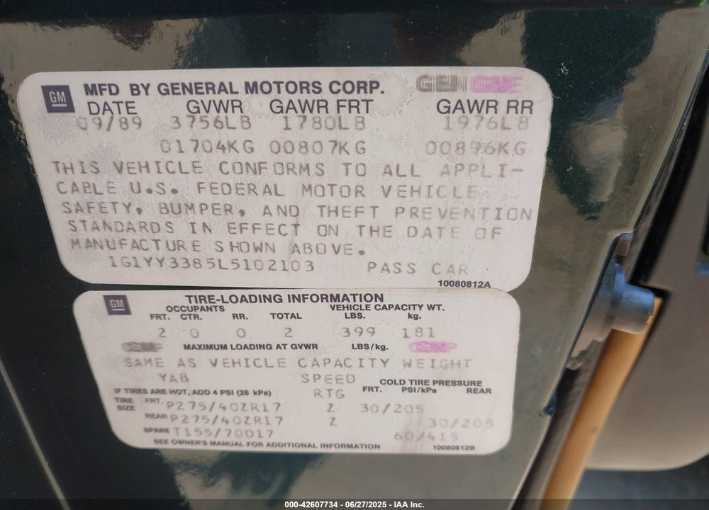1990 CHEVROLET CORVETTE VIN: 1G1YY3385L5102103