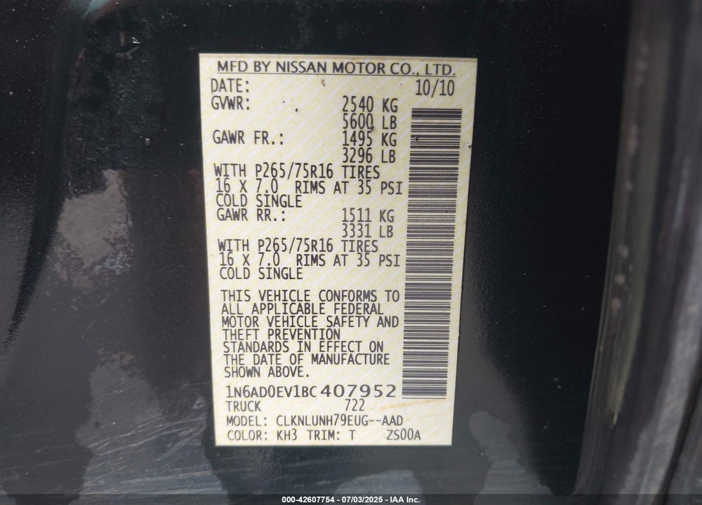 2011 NISSAN FRONTIER PRO-4X VIN: 1N6AD0EV1BC407952