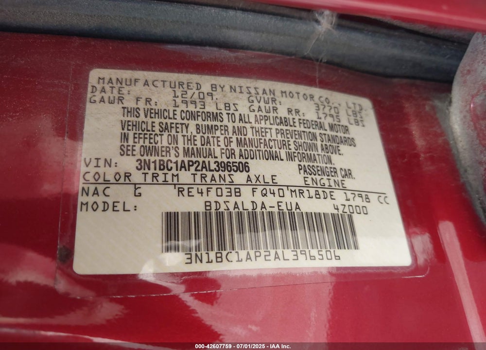 2010 NISSAN VERSA VIN: 3N1BC1AP2AL396506