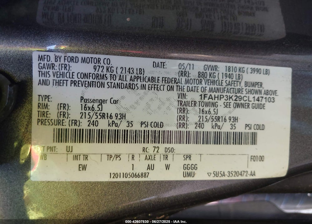 2012 FORD FOCUS VIN: 1FAHP3K29CL147103