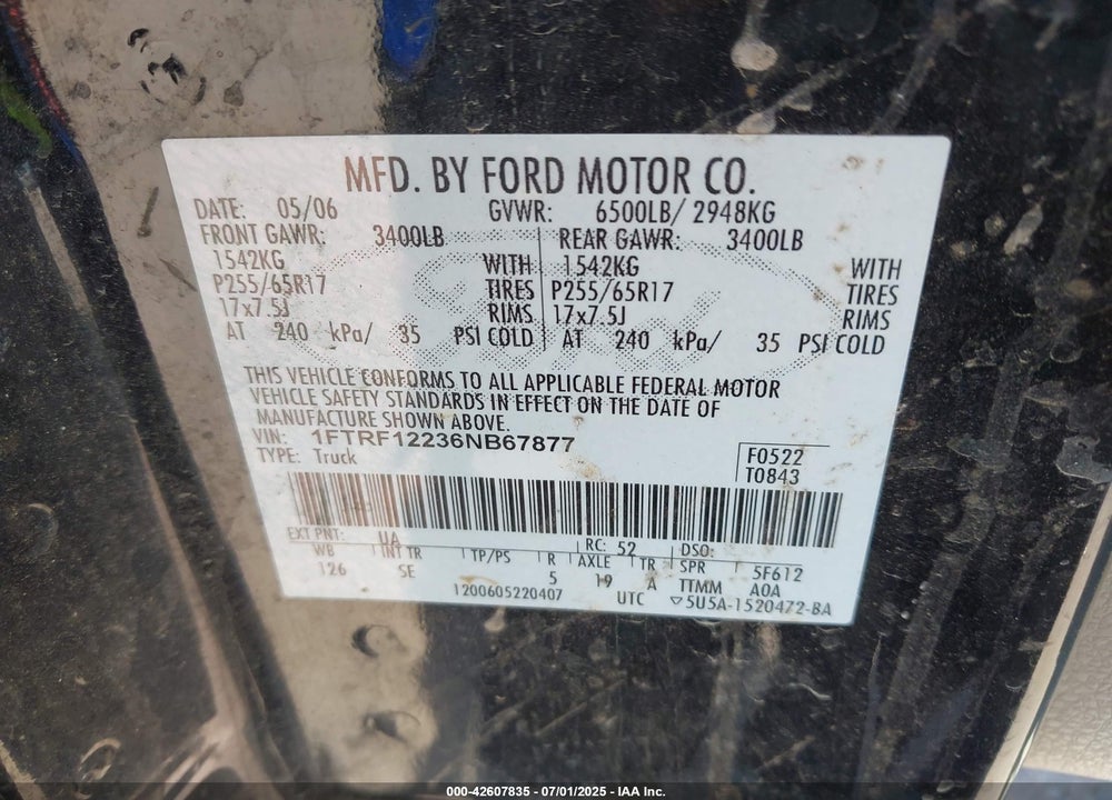 2006 FORD F-150 STX/XL/XLT VIN: 1FTRF12236NB67877