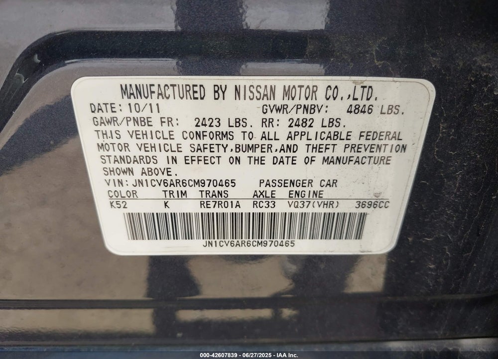 2012 INFINITI G37X VIN: JN1CV6AR6CM970465