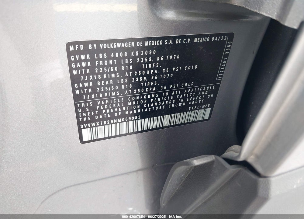 2022 VOLKSWAGEN TAOS 1.5T SE VIN: 3VVWX7B29NM069983