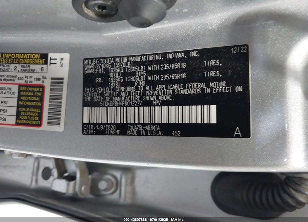 2023 TOYOTA HIGHLANDER VIN: 5TDKDRBH4PS012227