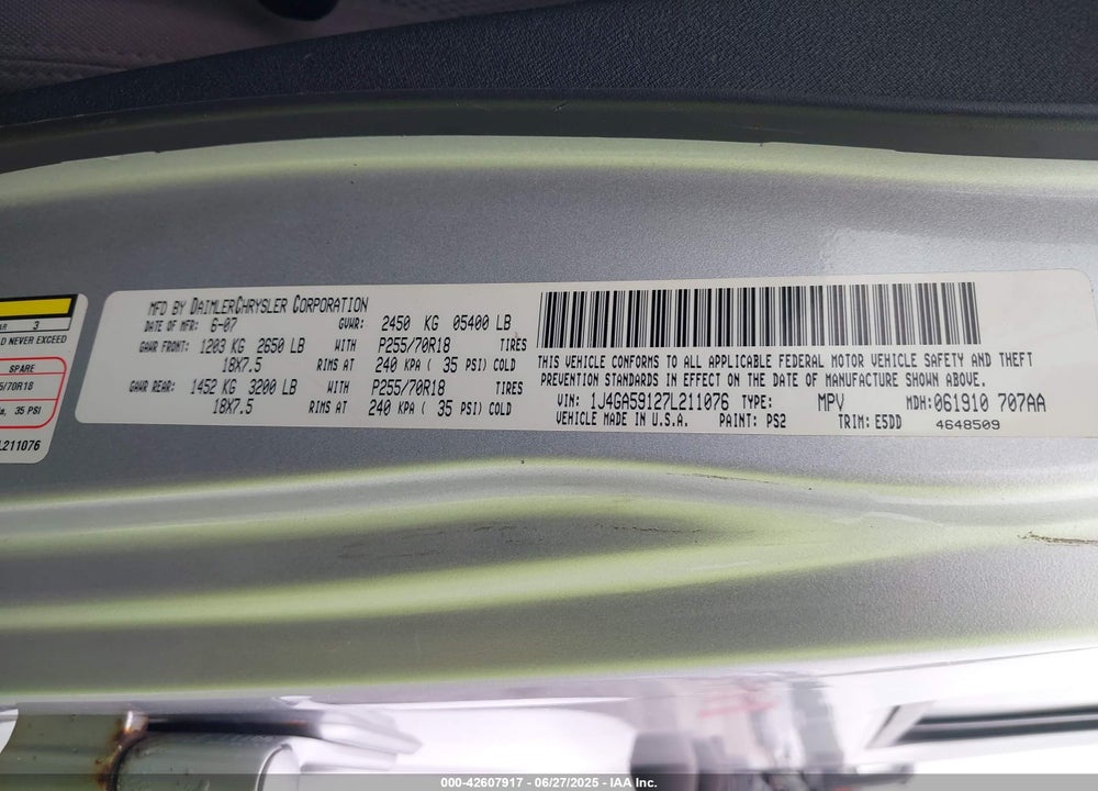 2007 JEEP WRANGLER UNLIMITED SAHARA VIN: 1J4GA59127L211076