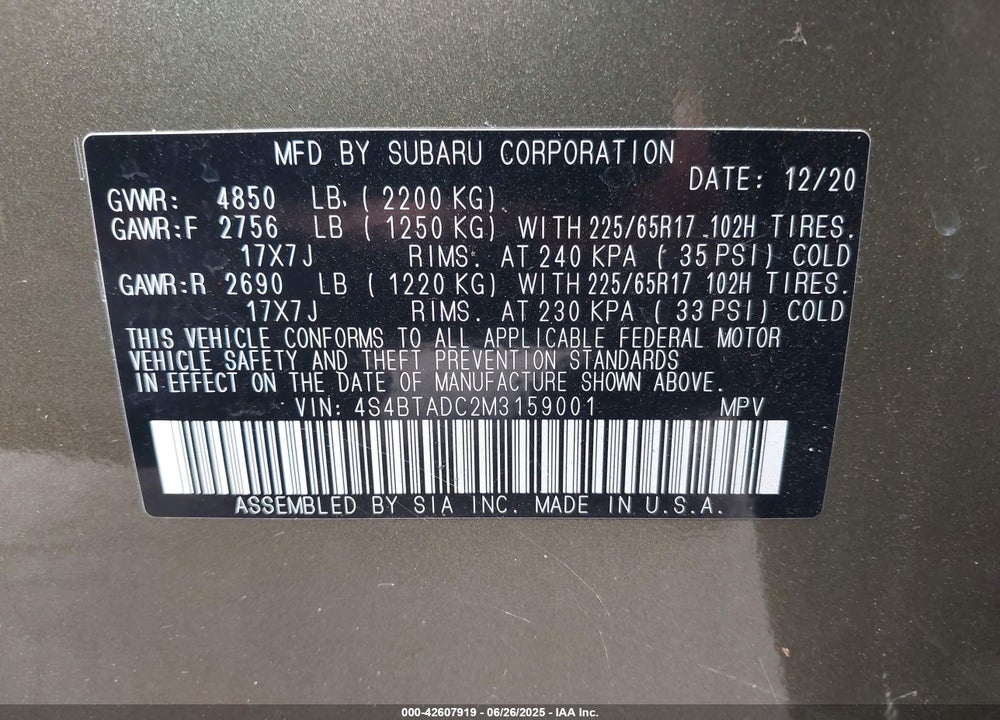 2021 SUBARU OUTBACK VIN: 4S4BTADC2M3159001