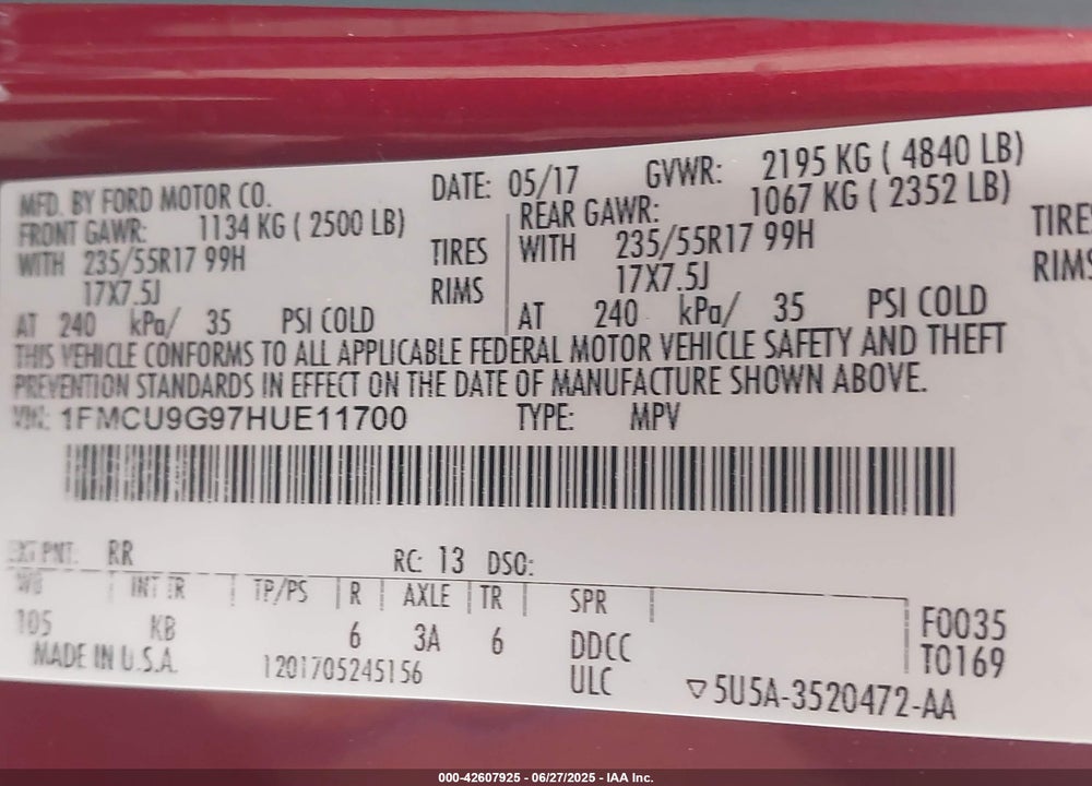 2017 FORD ESCAPE VIN: 1FMCU9G97HUE11700