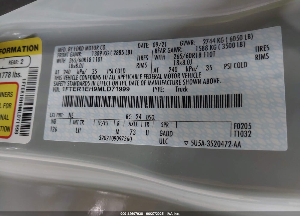 2021 FORD RANGER VIN: 1FTER1EH9MLD71999
