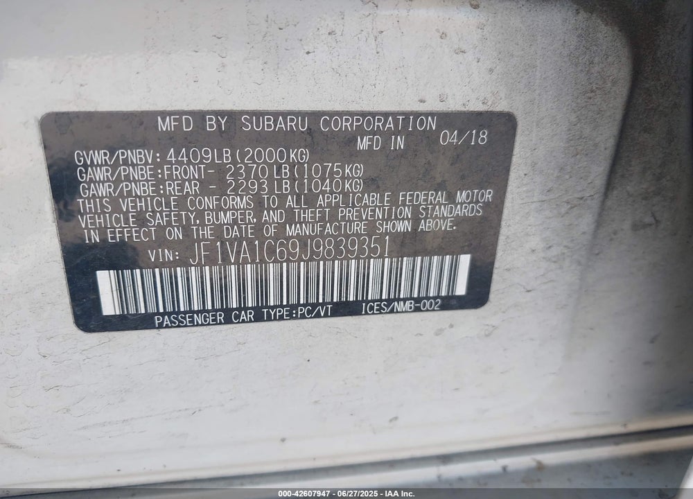 2018 SUBARU WRX VIN: JF1VA1C69J9839351