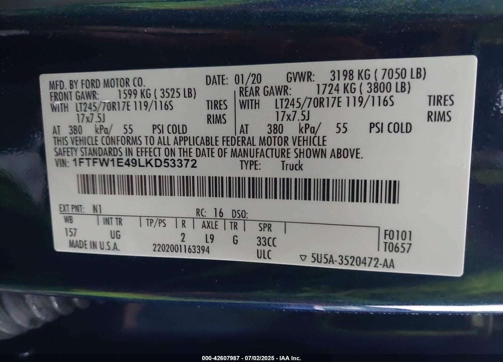 2020 FORD F-150 VIN: 1FTFW1E49LKD53372