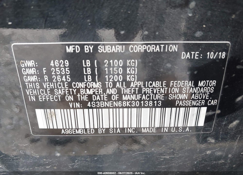 2019 SUBARU LEGACY VIN: 4S3BNEN68K3013813