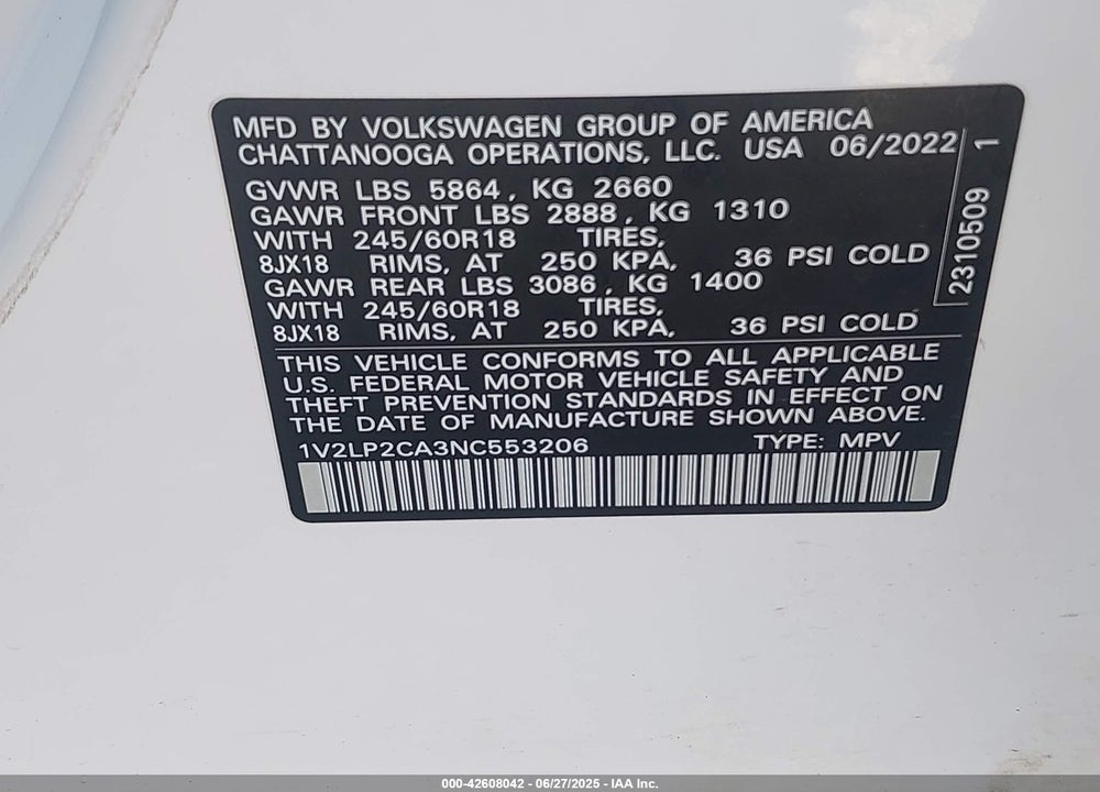 2022 VOLKSWAGEN ATLAS VIN: 1V2LP2CA3NC553206