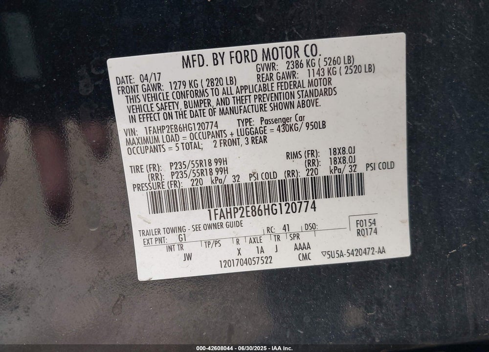 2017 FORD TAURUS VIN: 1FAHP2E86HG120774