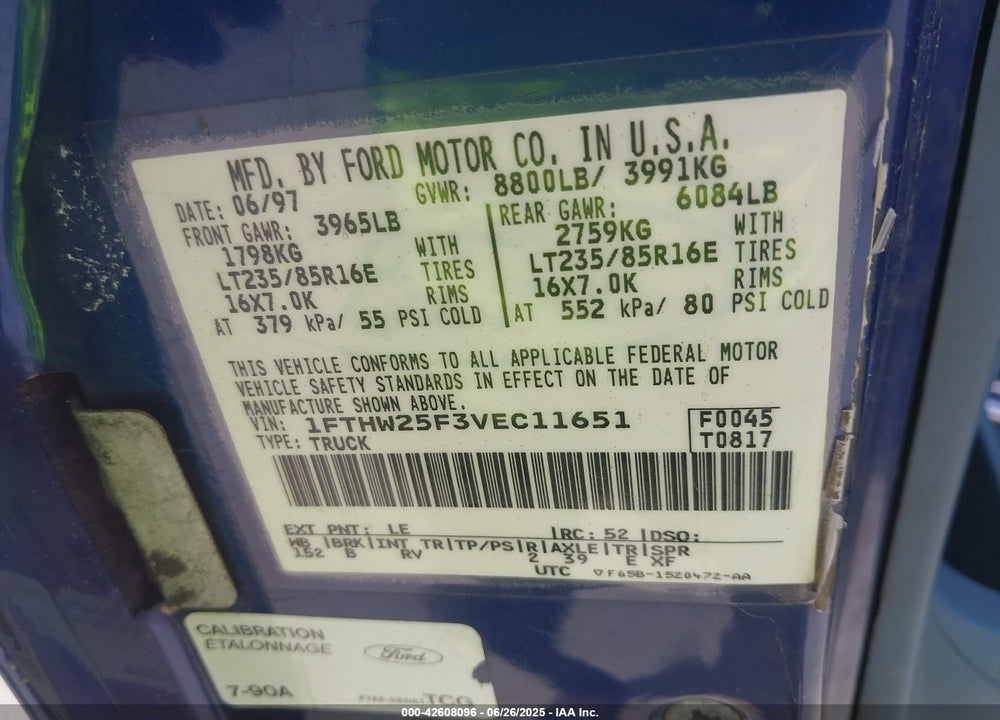 1997 FORD F-250 XL VIN: 1FTHW25F3VEC11651