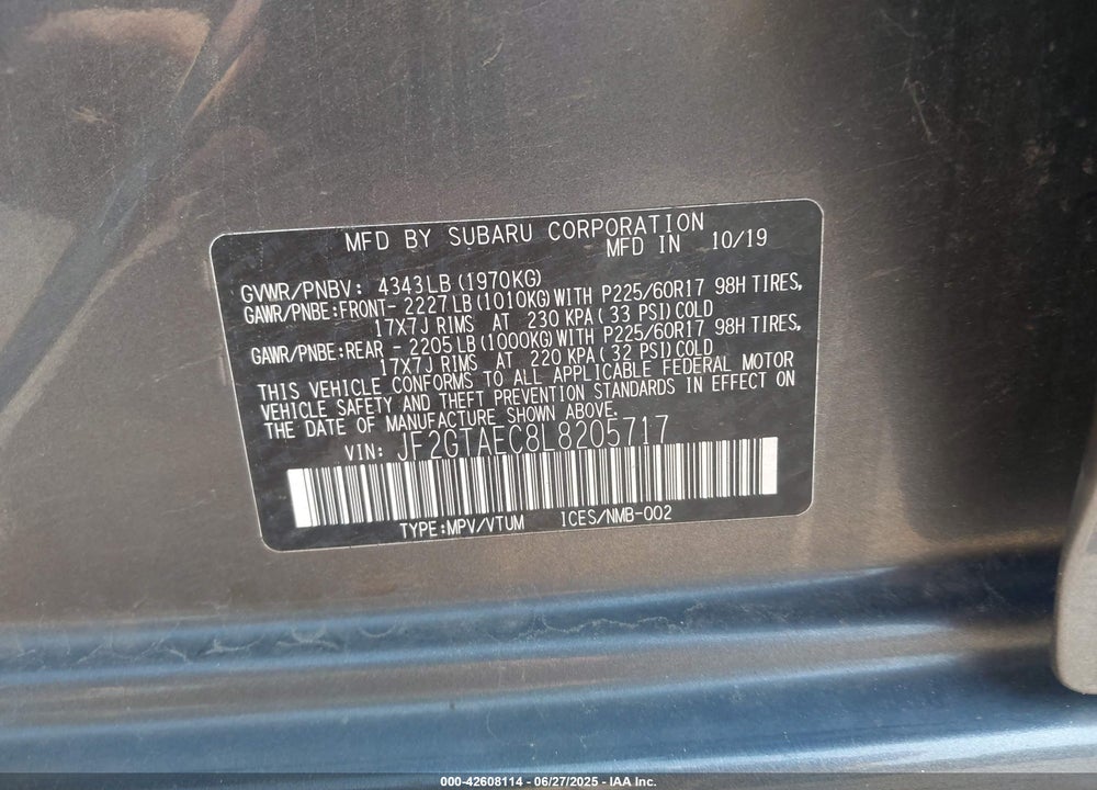 2020 SUBARU CROSSTREK VIN: JF2GTAEC8L8205717