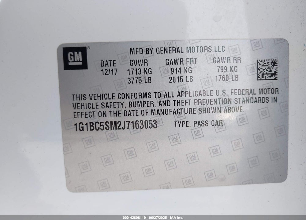 2018 CHEVROLET CRUZE LS AUTO VIN: 1G1BC5SM2J7163053