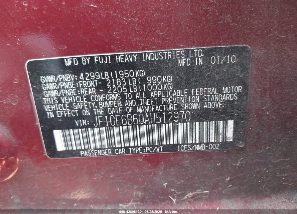 2010 SUBARU IMPREZA VIN: JF1GE6B60AH512970