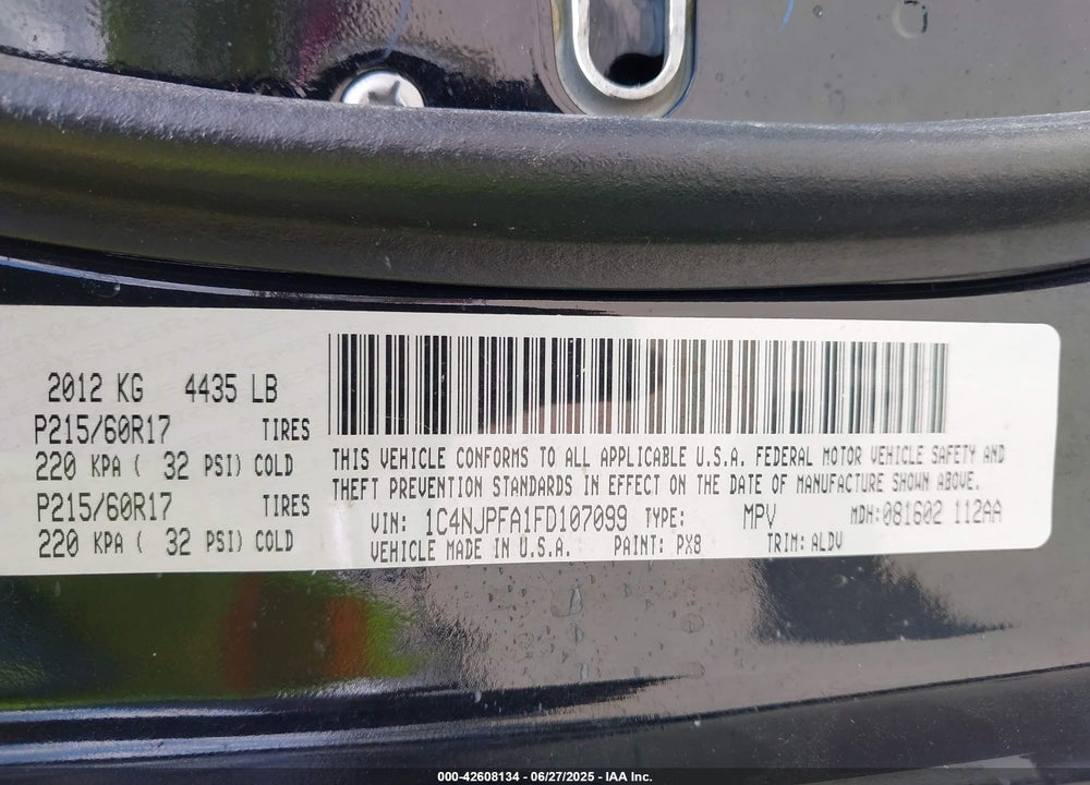 2015 JEEP PATRIOT VIN: 1C4NJPFA1FD107099