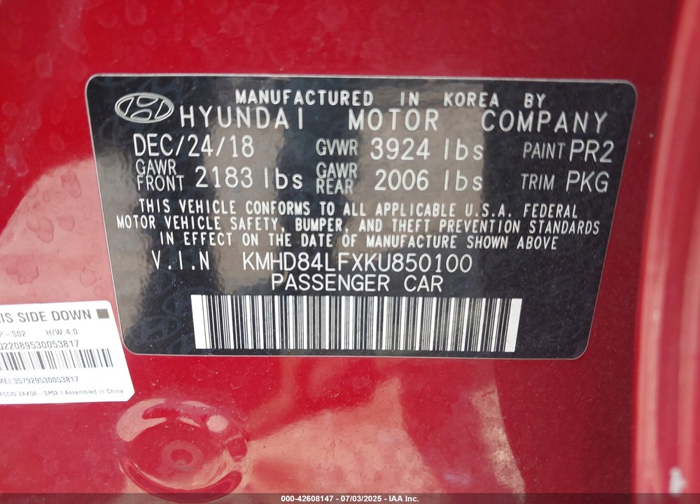 2019 HYUNDAI ELANTRA VIN: KMHD84LFXKU850100