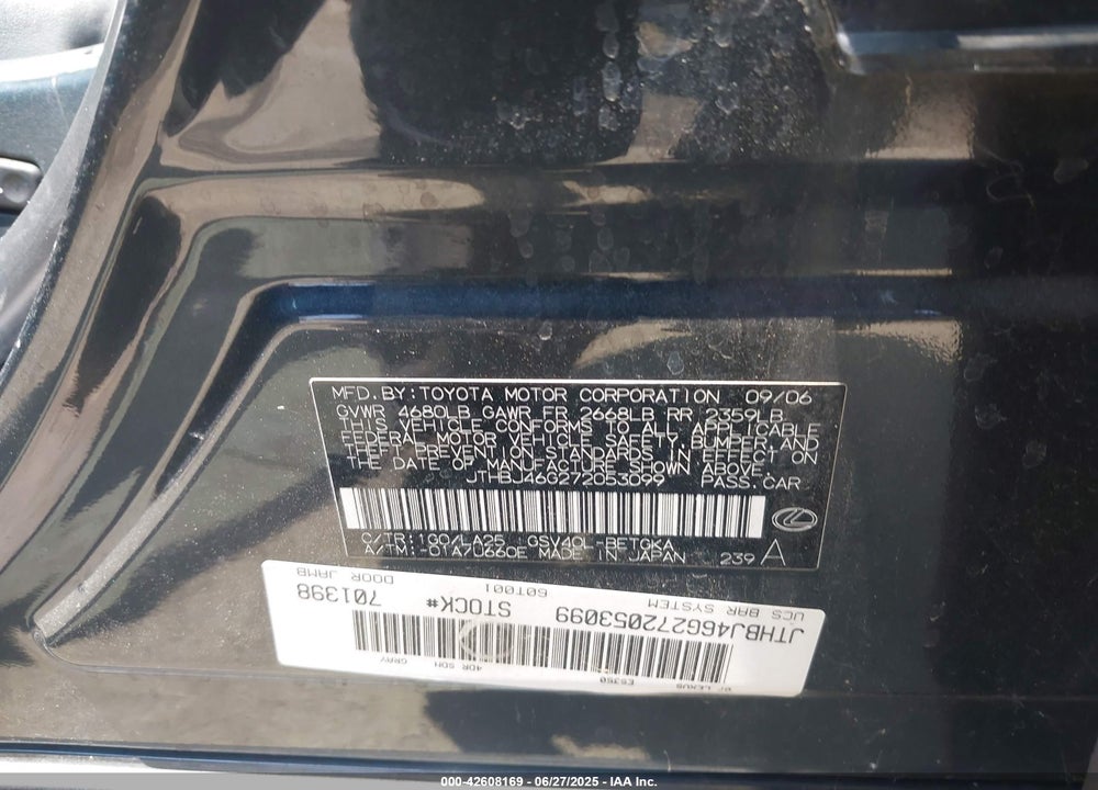 2007 LEXUS ES350 VIN: JTHBJ46G272053099