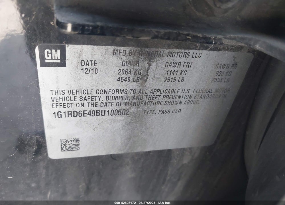 2011 CHEVROLET VOLT VIN: 1G1RD6E49BU100502