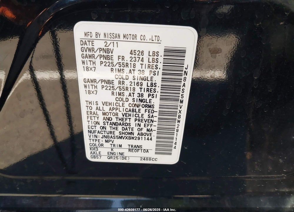 2011 NISSAN ROGUE VIN: JN8AS5MVXBW291144