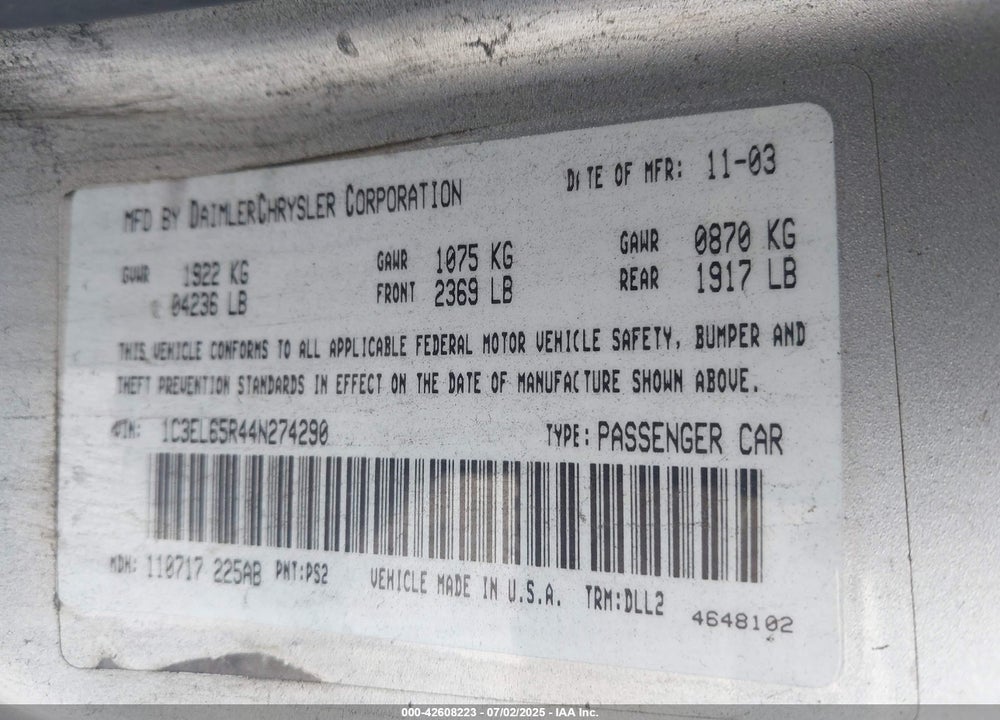 2004 CHRYSLER SEBRING LIMITED VIN: 1C3EL65R44N274290