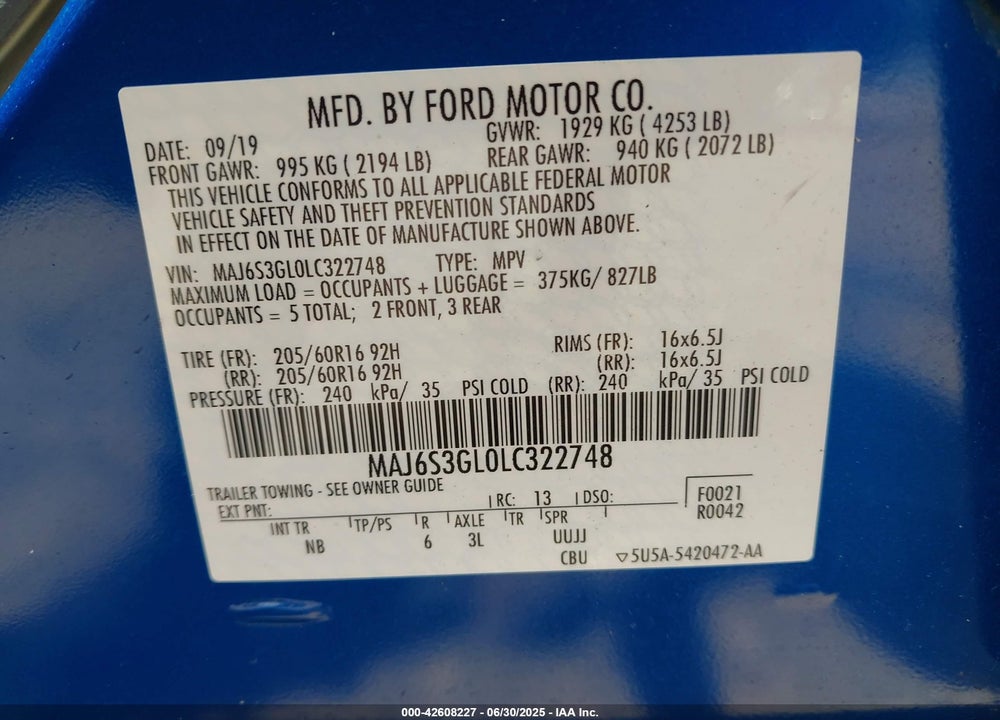 2020 FORD ECOSPORT VIN: MAJ6S3GL0LC322748