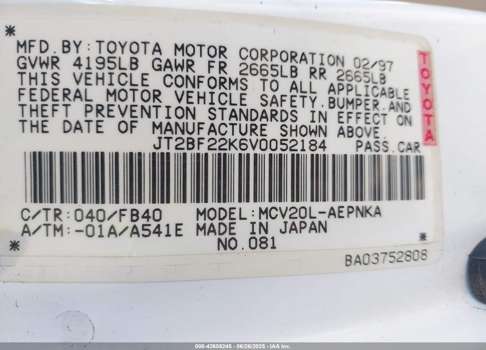 1997 TOYOTA CAMRY VIN: JT2BF22K6V0052184