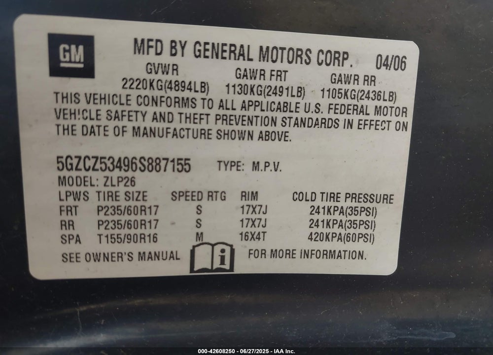 2006 SATURN VUE VIN: 5GZCZ53496S887155