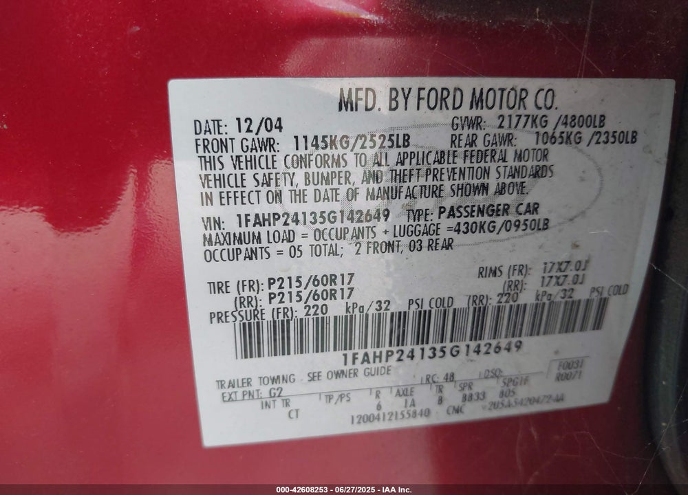 2005 FORD FIVE HUNDRED SEL VIN: 1FAHP24135G142649