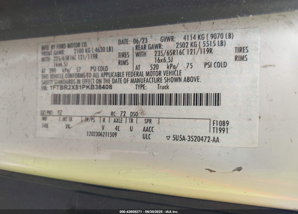 2023 FORD TRANSIT-250 VIN: 1FTBR2X81PKB38408