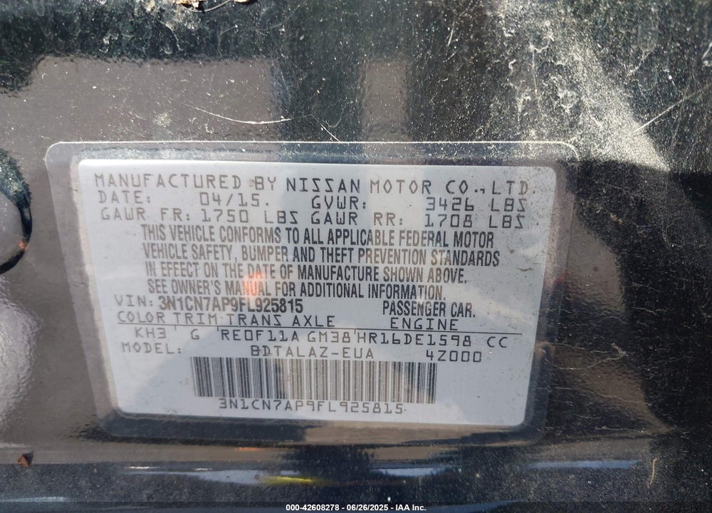 2015 NISSAN VERSA 1.6 S+ VIN: 3N1CN7AP9FL925815
