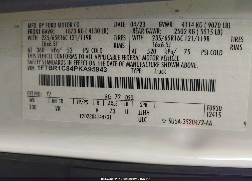 2023 FORD TRANSIT-250 VIN: 1FTBR1C84PKA95943