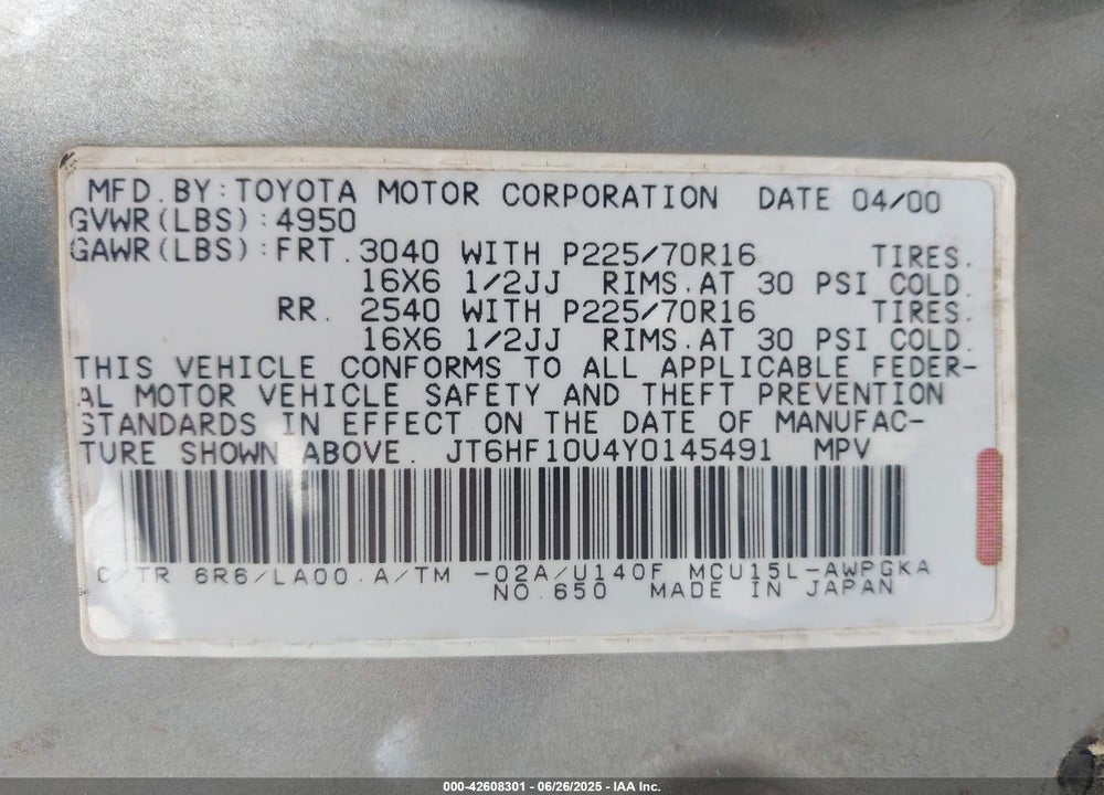 2000 LEXUS RX 300 VIN: JT6HF10U4Y0145491