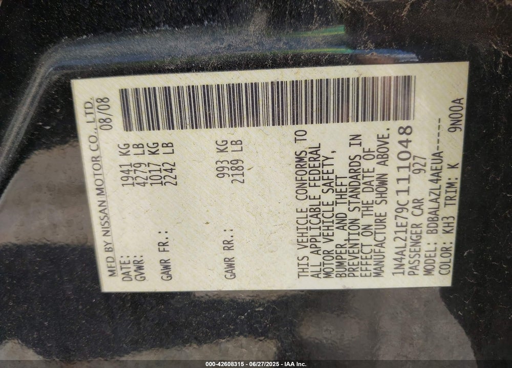 2009 NISSAN ALTIMA 2.5 VIN: 1N4AL21E79C111048