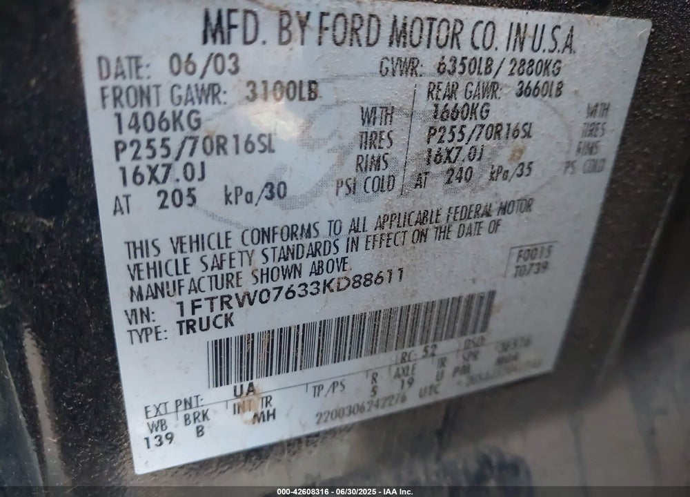 2003 FORD F-150 LARIAT/XLT VIN: 1FTRW07633KD88611