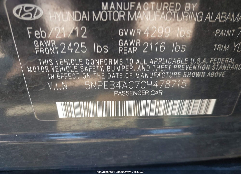 2012 HYUNDAI SONATA VIN: 5NPEB4AC7CH478715