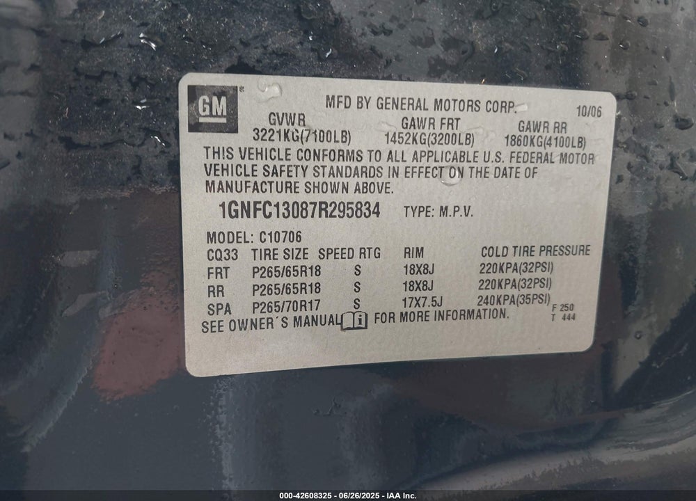 2007 CHEVROLET TAHOE VIN: 1GNFC13087R295834
