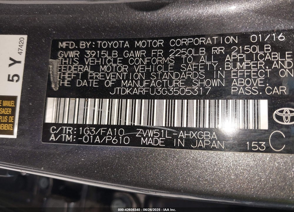 2016 TOYOTA PRIUS VIN: JTDKARFU3G3505317