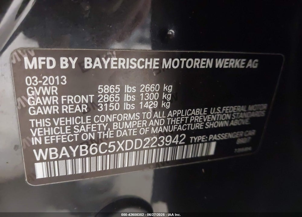 2013 BMW 750I VIN: WBAYB6C5XDD223942