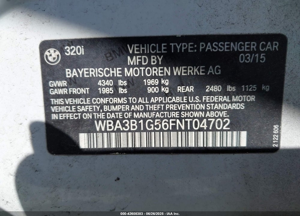 2015 BMW 3 SERIES VIN: WBA3B1G56FNT04702